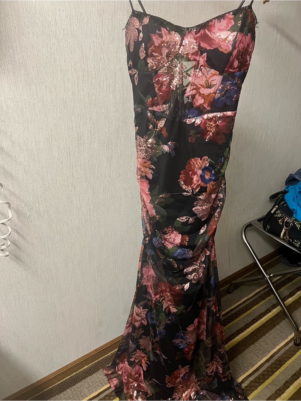 Emerald Sundae Black Maxi Dress with Pink Rose & Blue Floral Accents